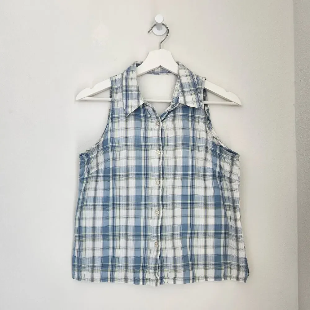 Vintage Y2K Faded Glory Blue White Plaid Sleeveless Button Down Top S Cottage - Picture 5 of 9